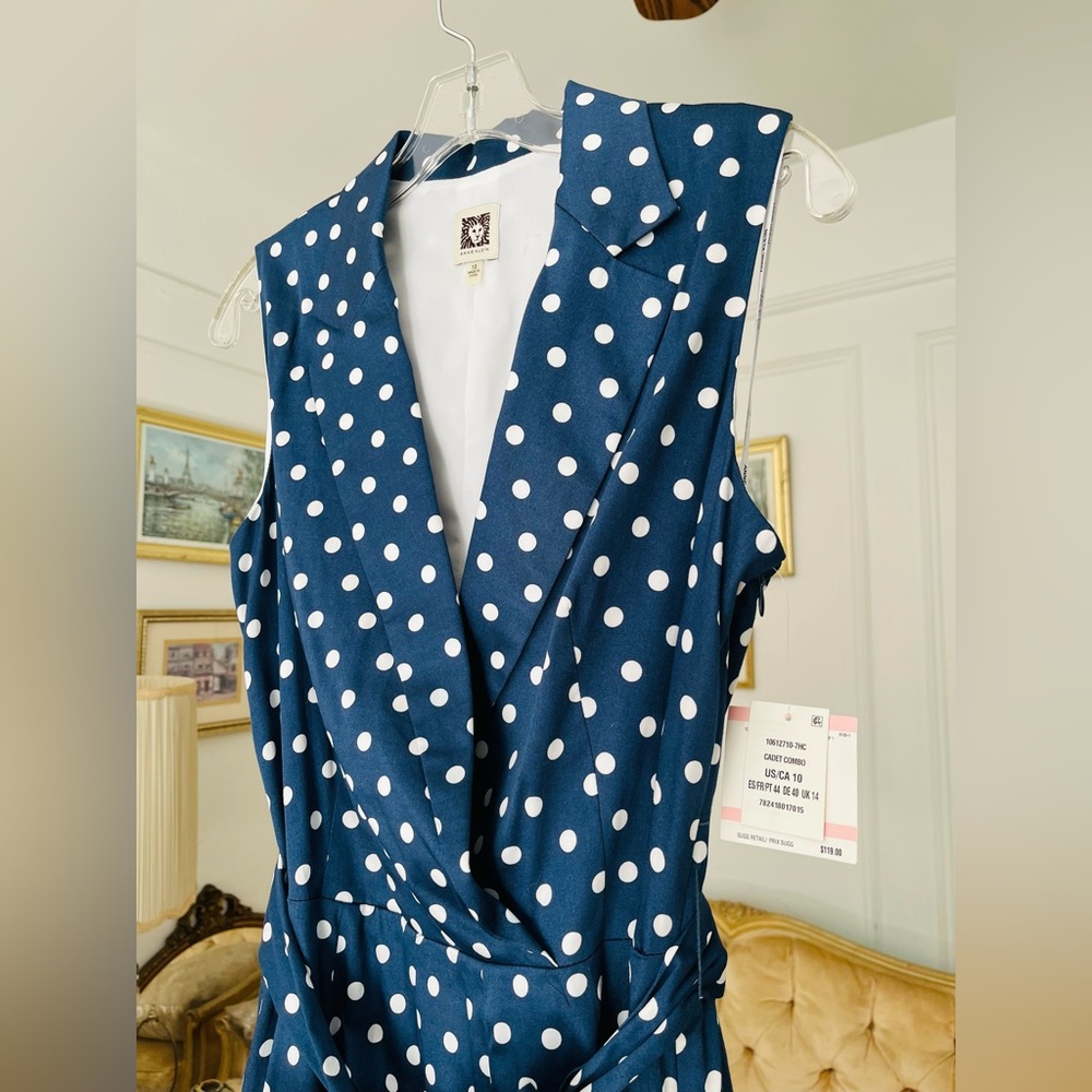 Anne Klein Cotton Dress Navy Blue Polka Dot Belted Fit & Flare Cadet Combo NWT - Picture 4 of 12